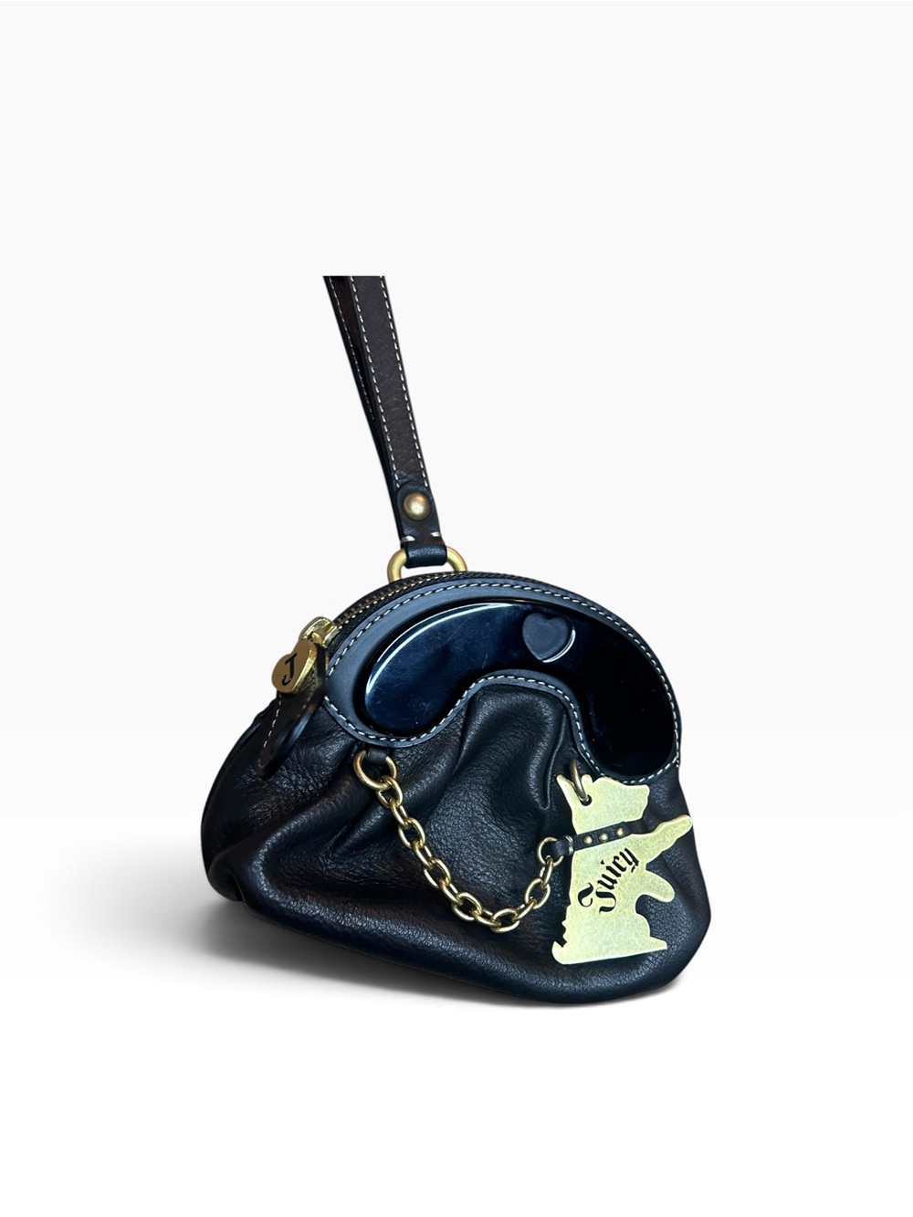 NEW Juicy Couture Black Leather Wristlet with Gold Dog Charm and Chain